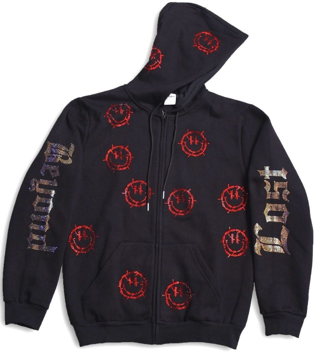Black Rhinestone Zip Hoodie: Barbed Wire Smiley Face