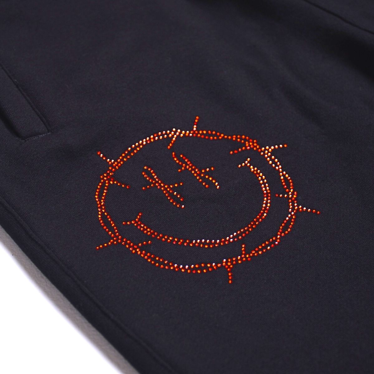 Black Rhinestone Sweats: Barbed Wire Smiley Face