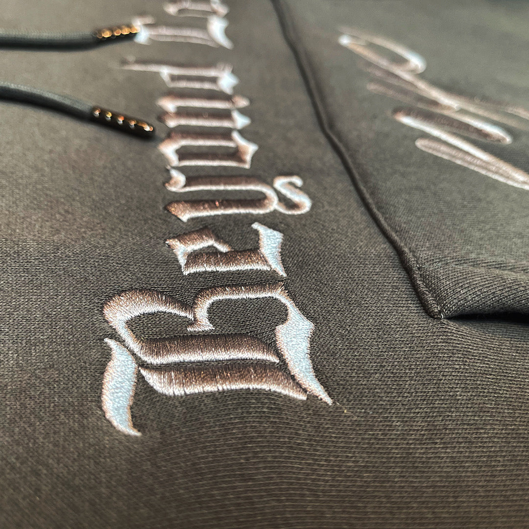 Gray Pullover Oversized Hoodie: Silver Metallic Embroidery