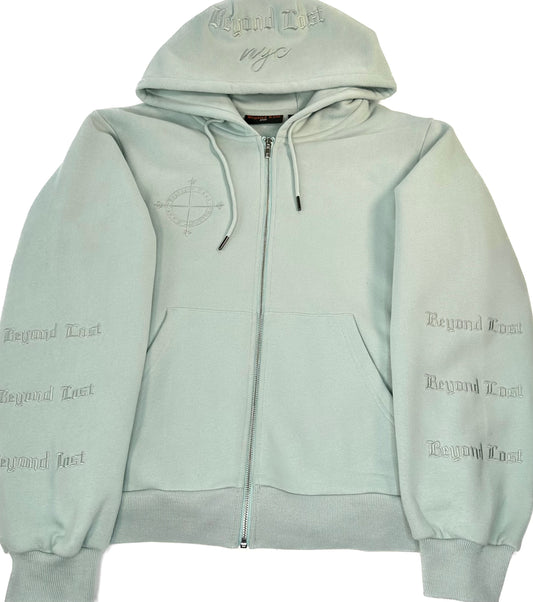 Blue Ocean Mist Zip Up Hoodie: Monochrome Blue Embroidery