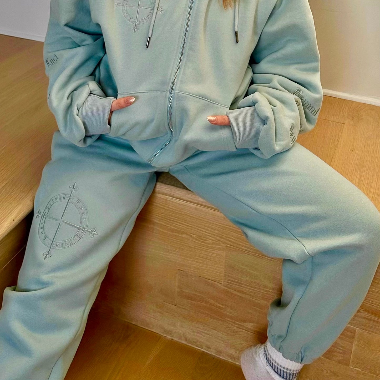 Blue Ocean Mist Sweatpants: Blue Monochrome Embroidery 3 Zip pockets