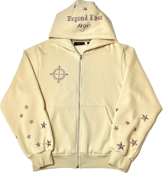 Champagne Gold Zip Up Hoodie: Rose Gold Metallic Embroidery