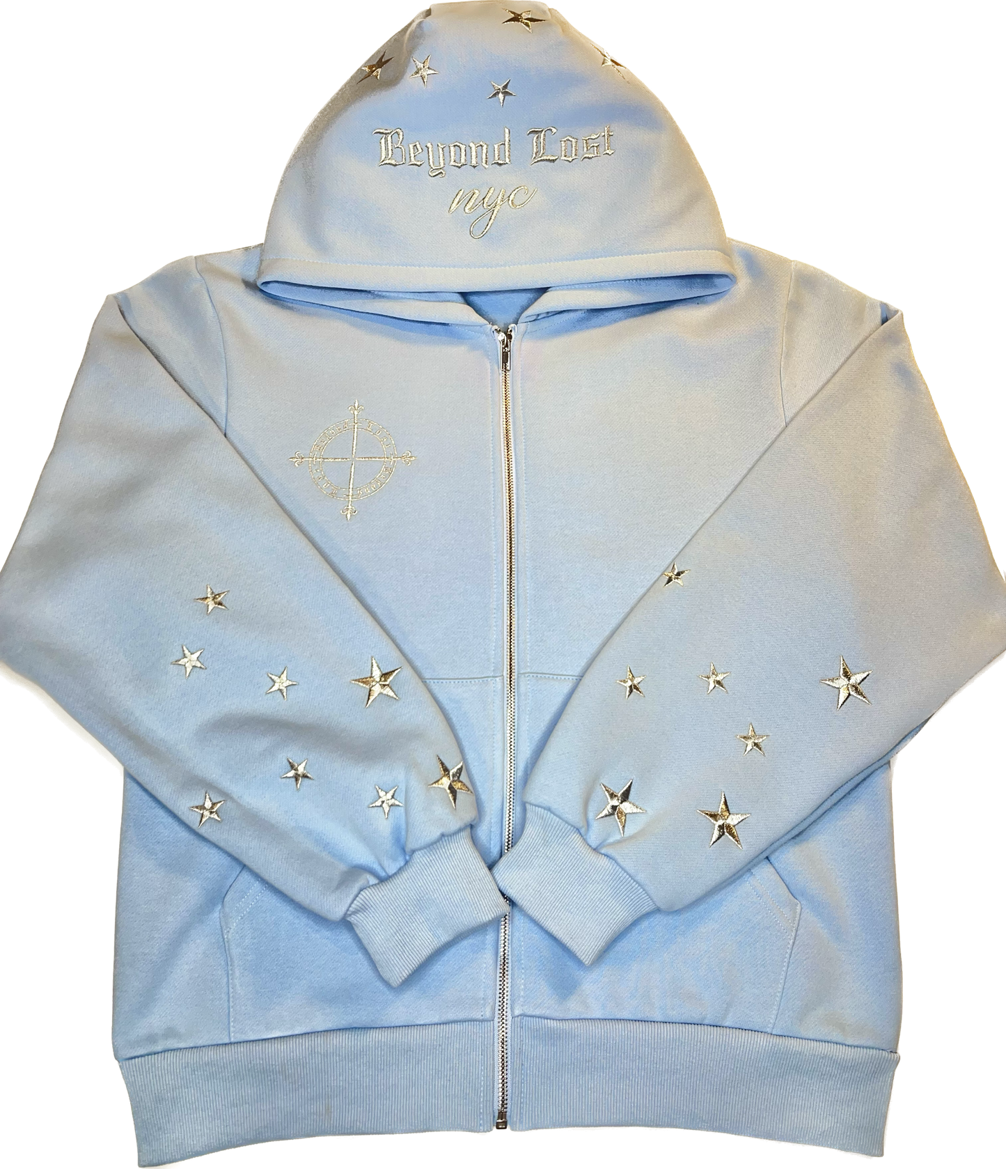 Baby Blue Zip Up Hoodie: Silver Metallic Embroidery