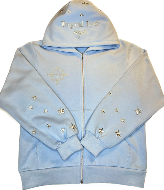 Baby Blue Zip Up Hoodie: Silver Metallic Embroidery