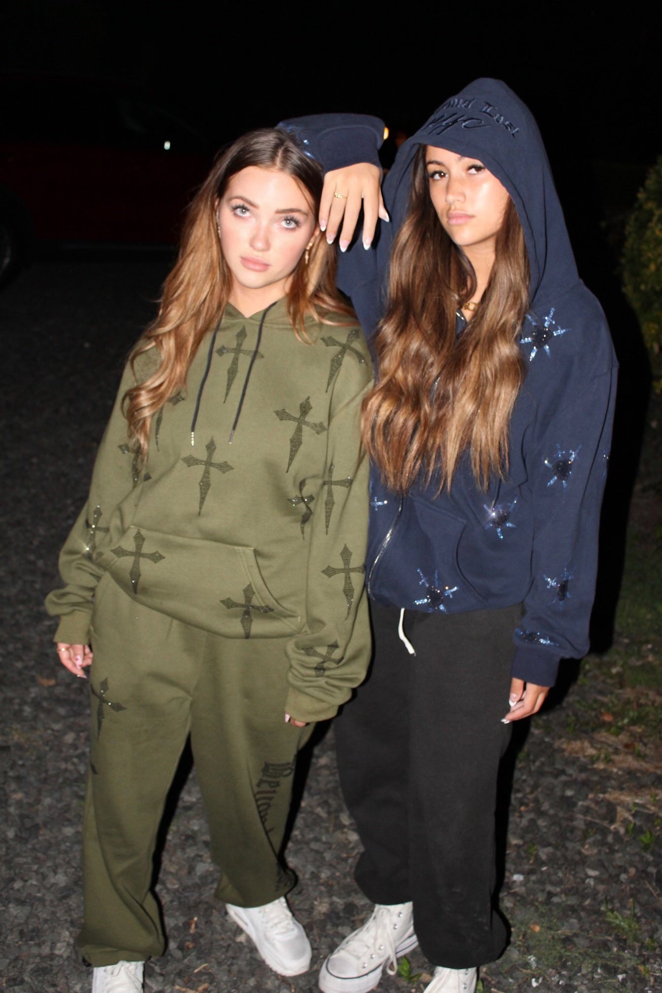 3 Zip Pockets Olive Green Rhinestone Sweatpants: Black Daggers