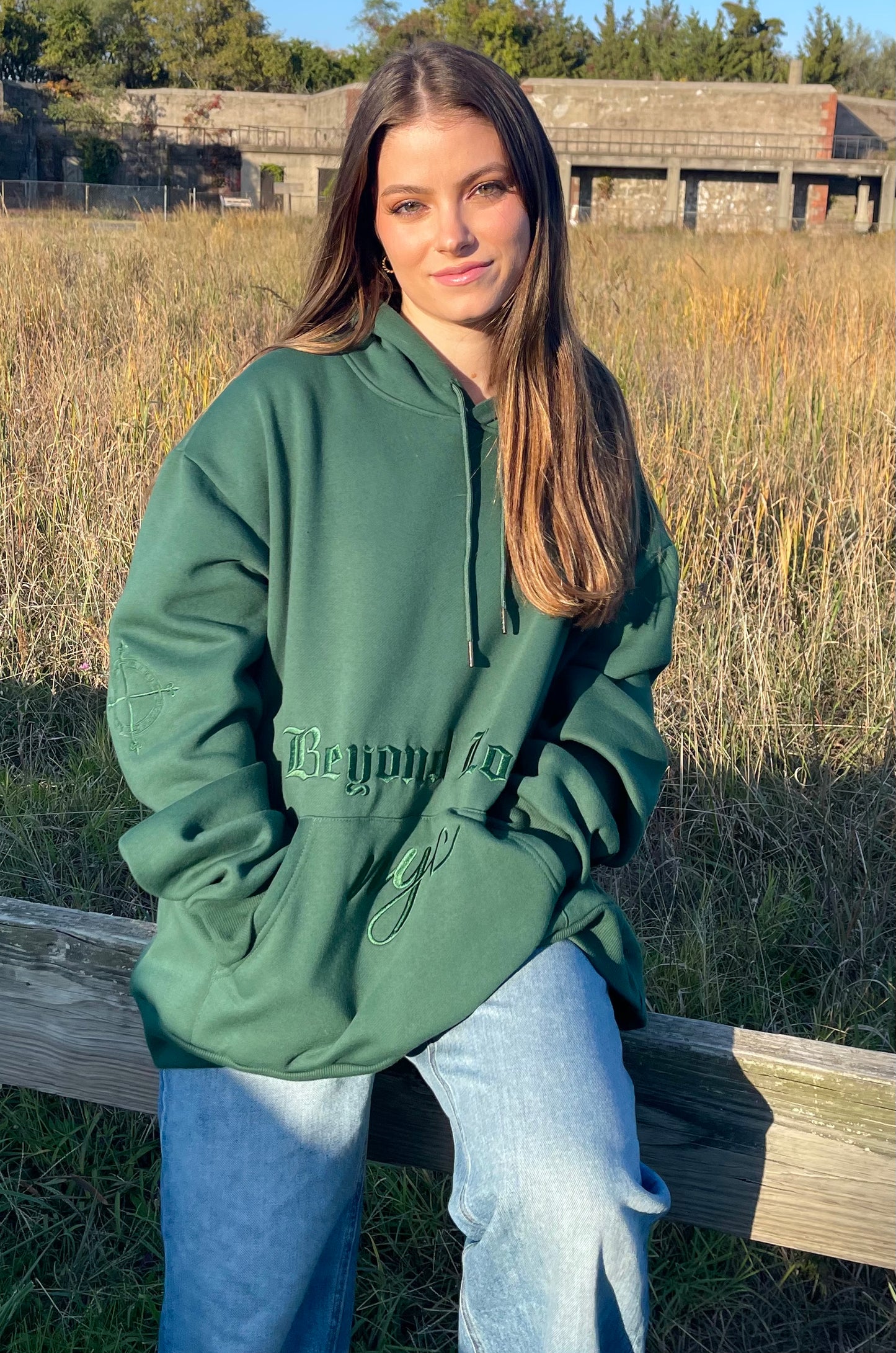 Forest Green Oversized Pullover Hoodie: Emerald Metallic Embroidery