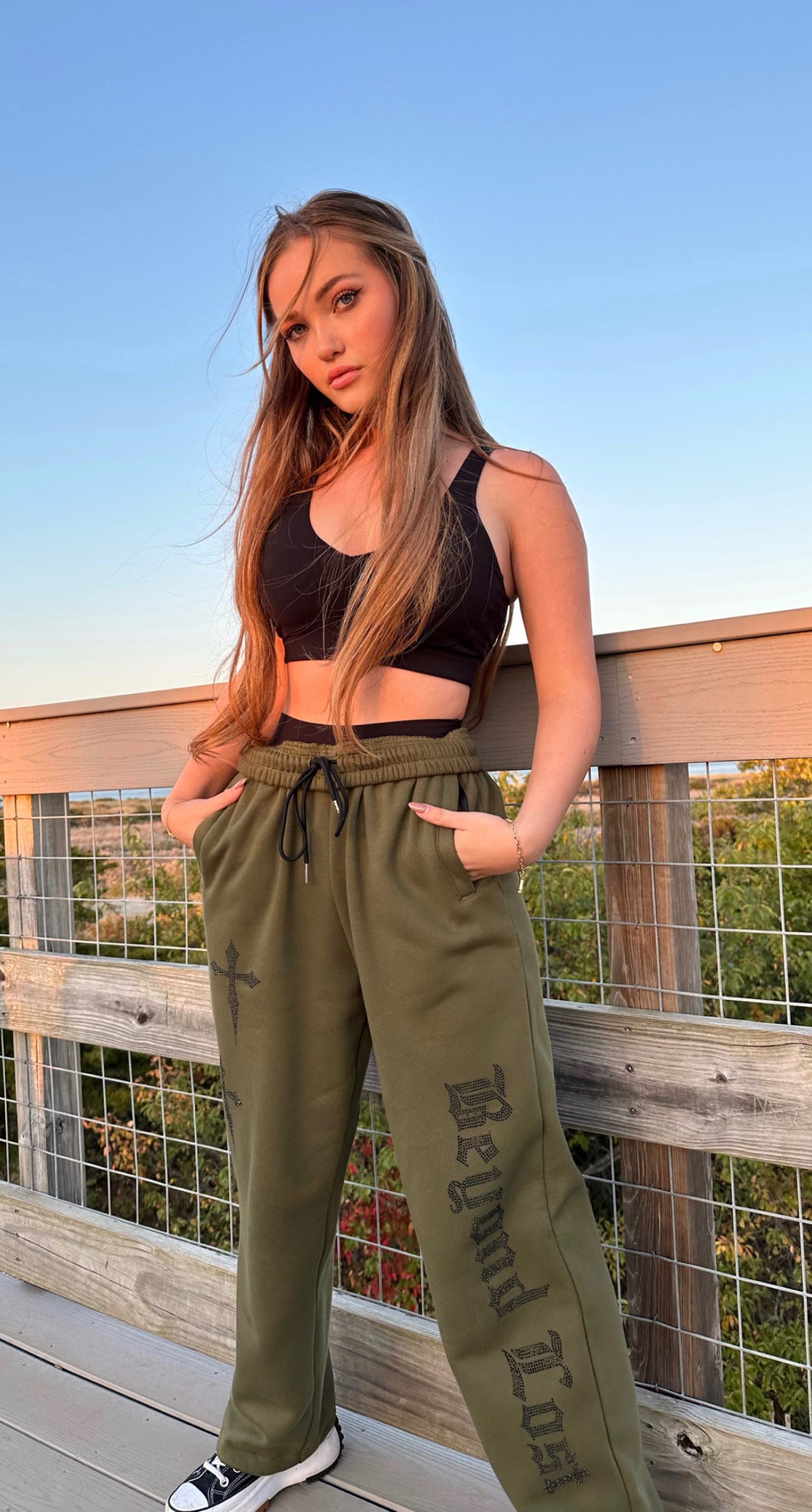 3 Zip Pockets Olive Green Rhinestone Sweatpants: Black Daggers