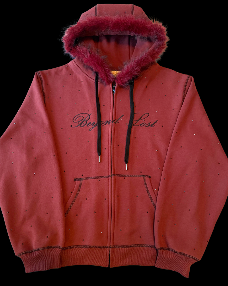 NEW! Cherry Cola Rhinestone Hoodie w/ Fur Trim