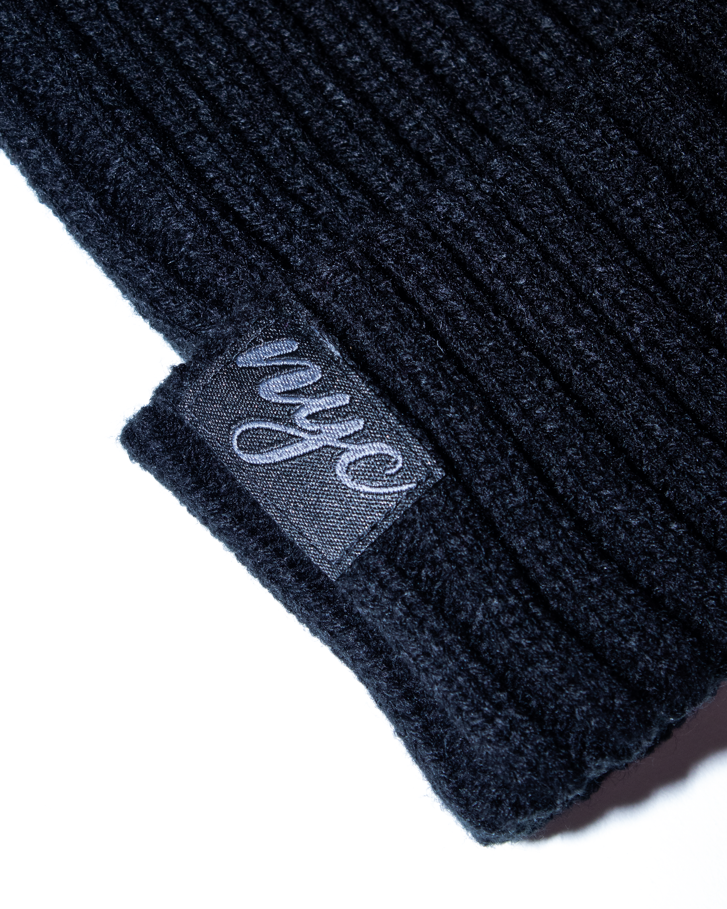 Black Loose Knit Beanie: Black w/ Charcoal Embroidery