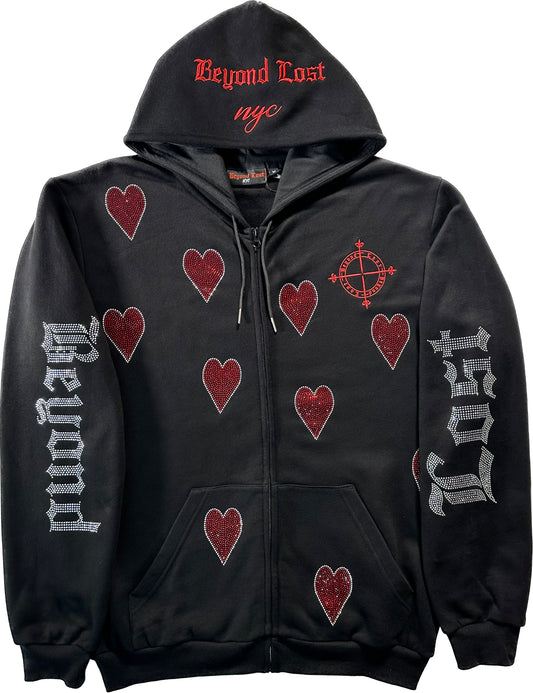 Midnight Black Zip Up Hoodie w/ Diamond Red Rhinestone Hearts: Oversized/Unisex