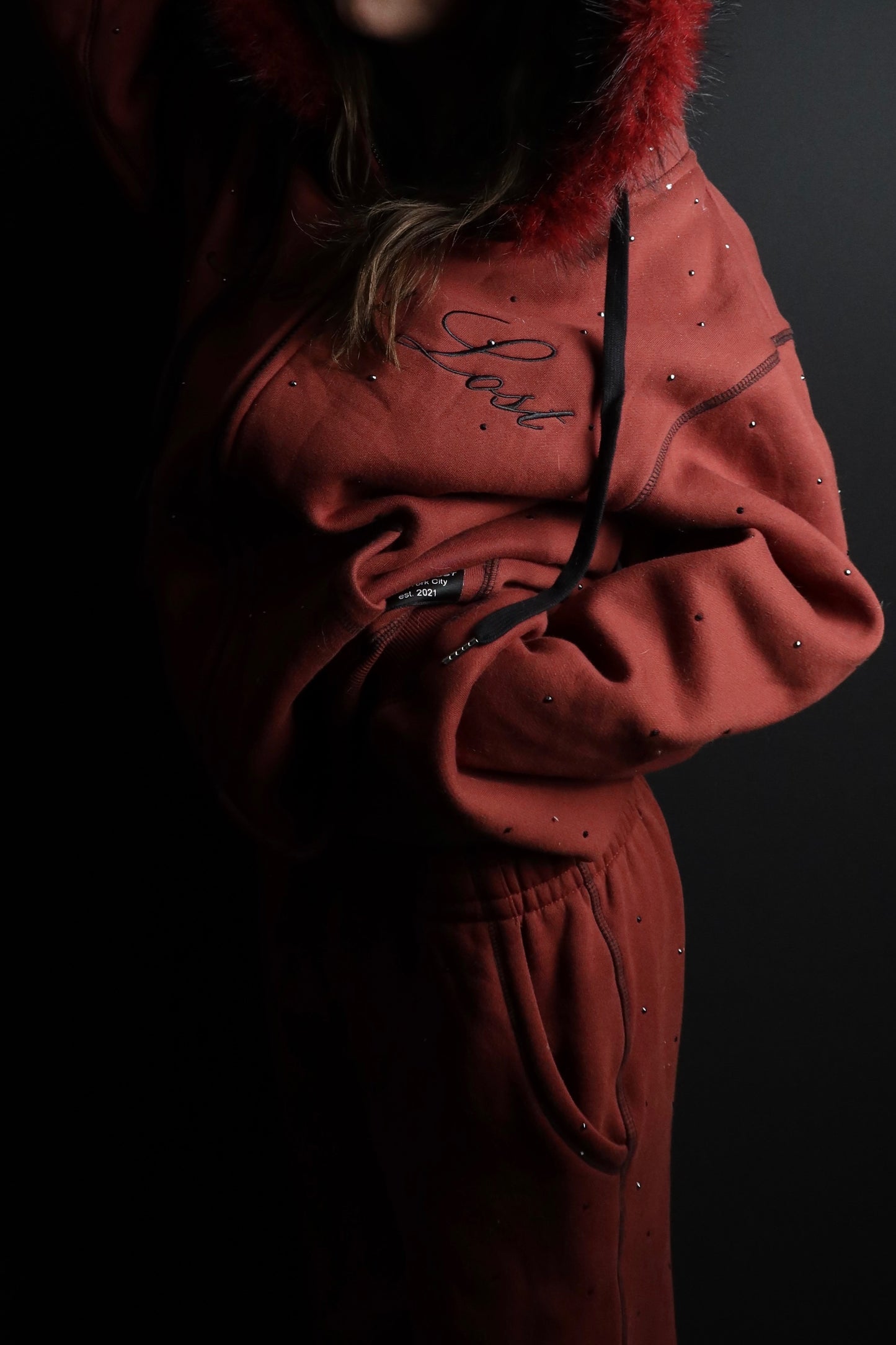 NEW! Cherry Cola Rhinestone Hoodie w/ Fur Trim