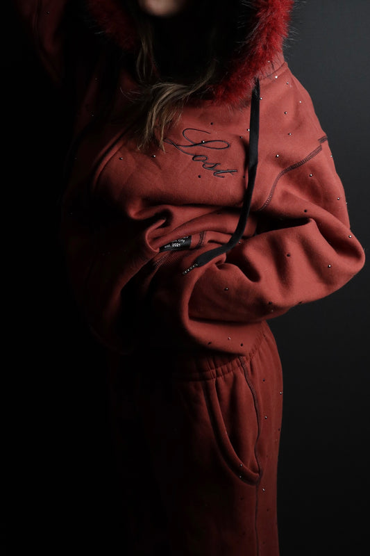 NEW! Cherry Cola Rhinestone Hoodie w/ Fur Trim