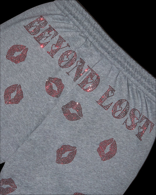 NEW! So Kissable - Gray Sweatpants with Red Rhinestones - Raw Hem Straight Leg