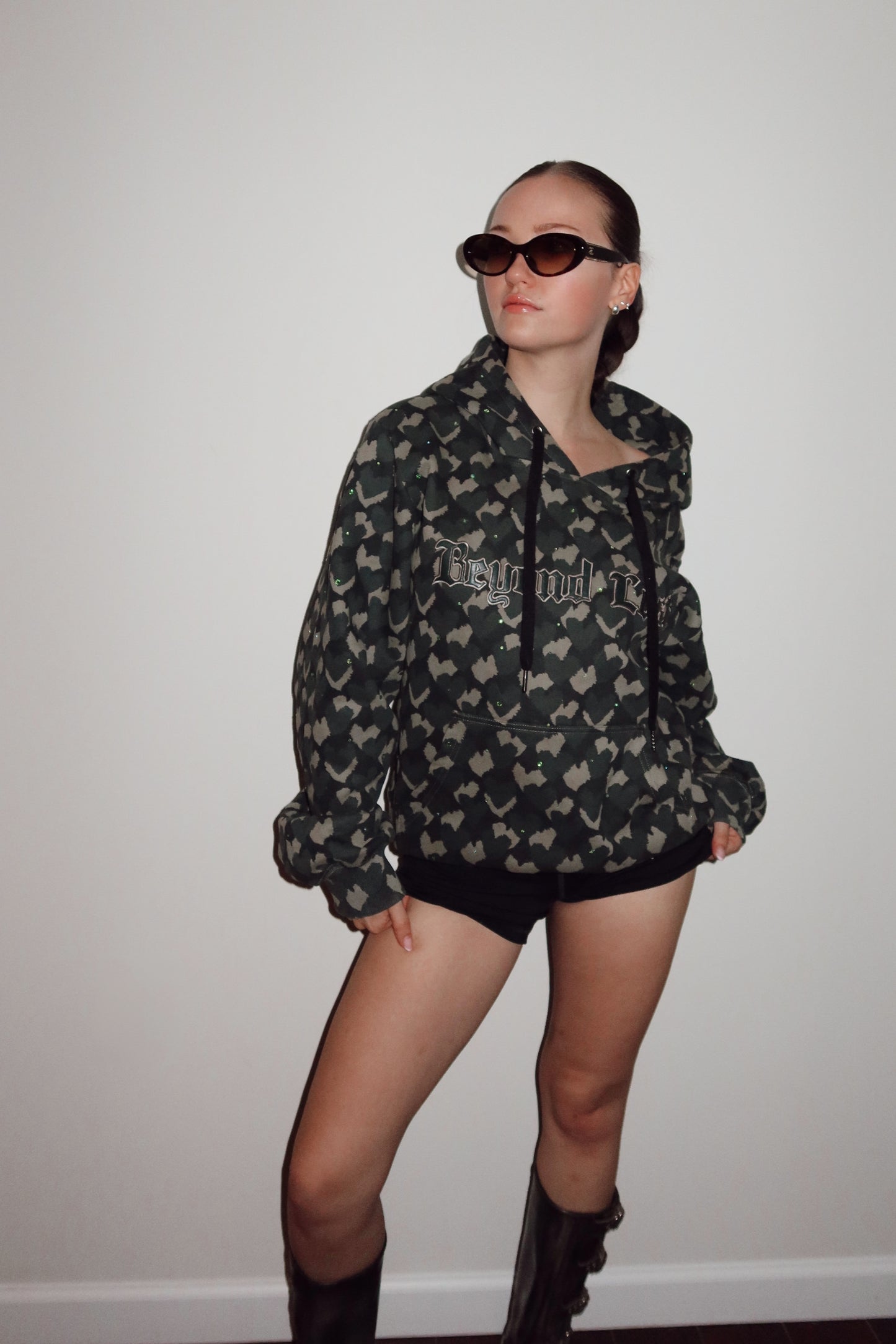 Rhinestone Heart Hoodie w/ faux leather embroidery