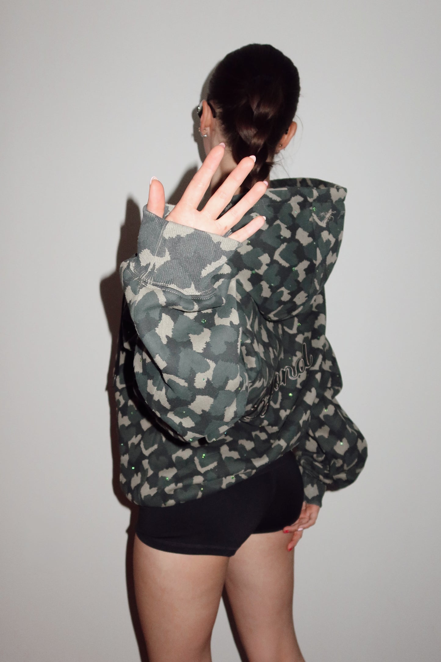 Rhinestone Heart Hoodie w/ faux leather embroidery