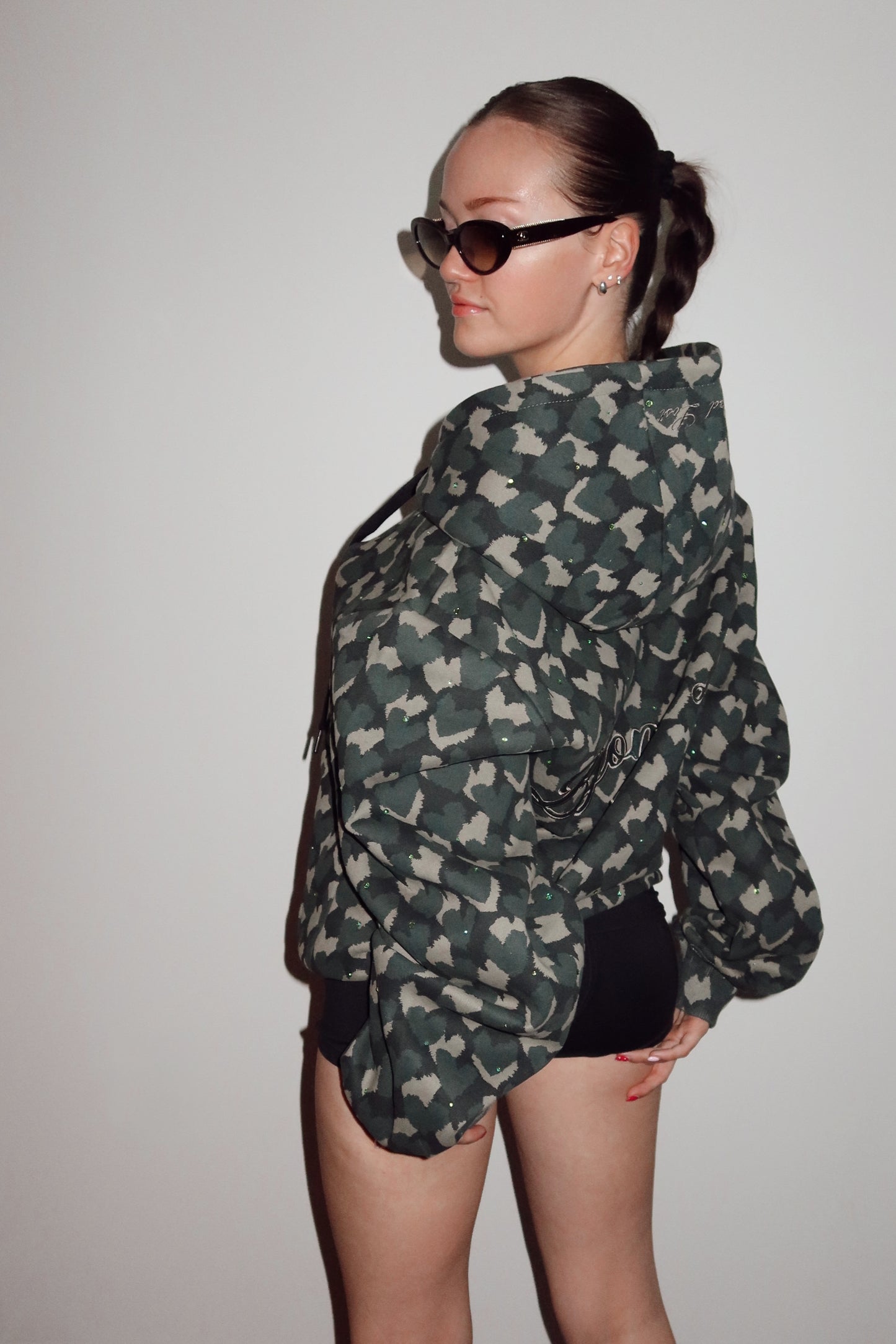 Rhinestone Heart Hoodie w/ faux leather embroidery