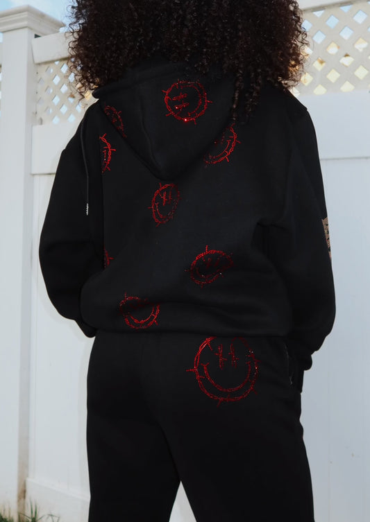 Black Rhinestone Sweats: Barbed Wire Smiley Face