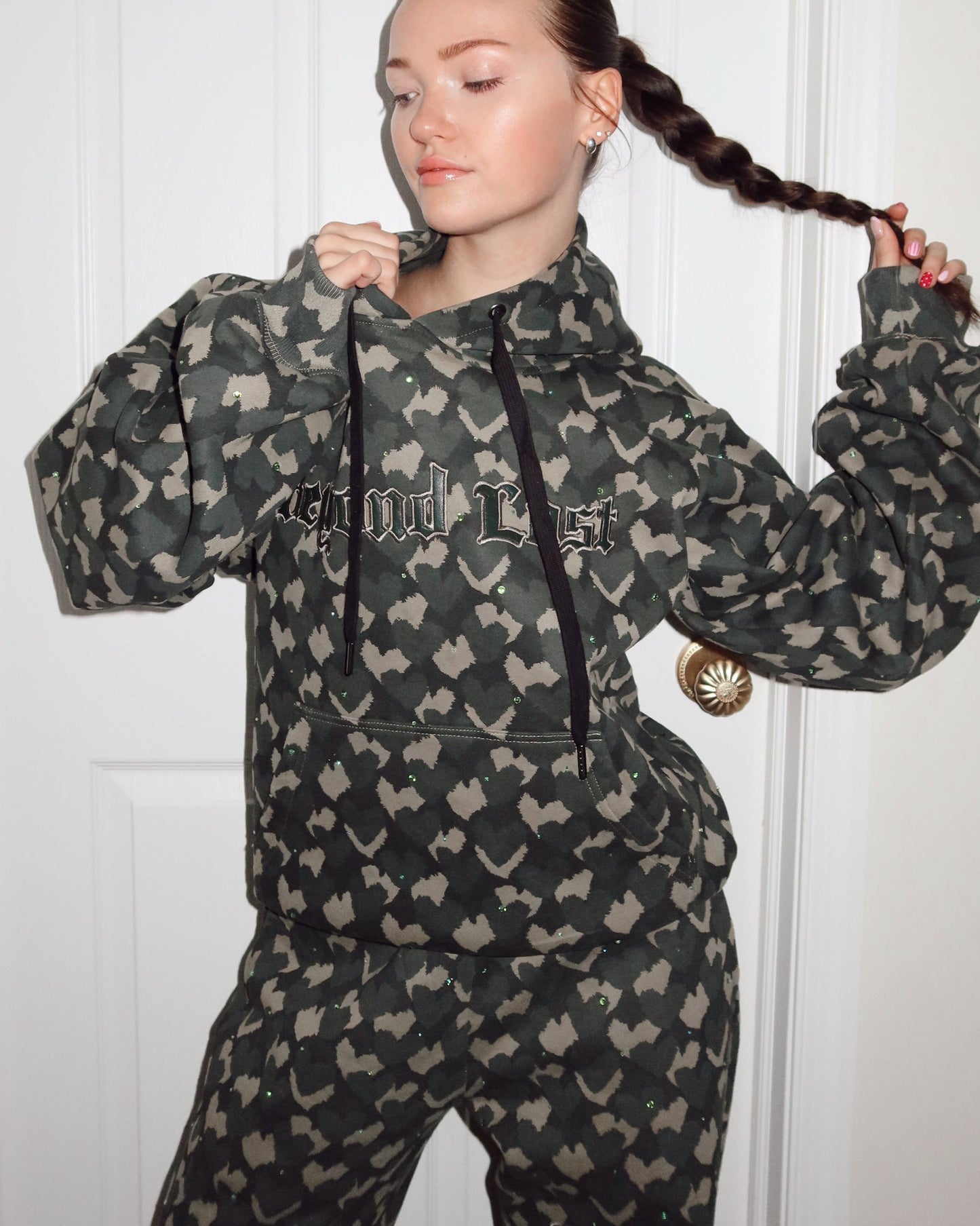 Rhinestone Heart Hoodie w/ faux leather embroidery