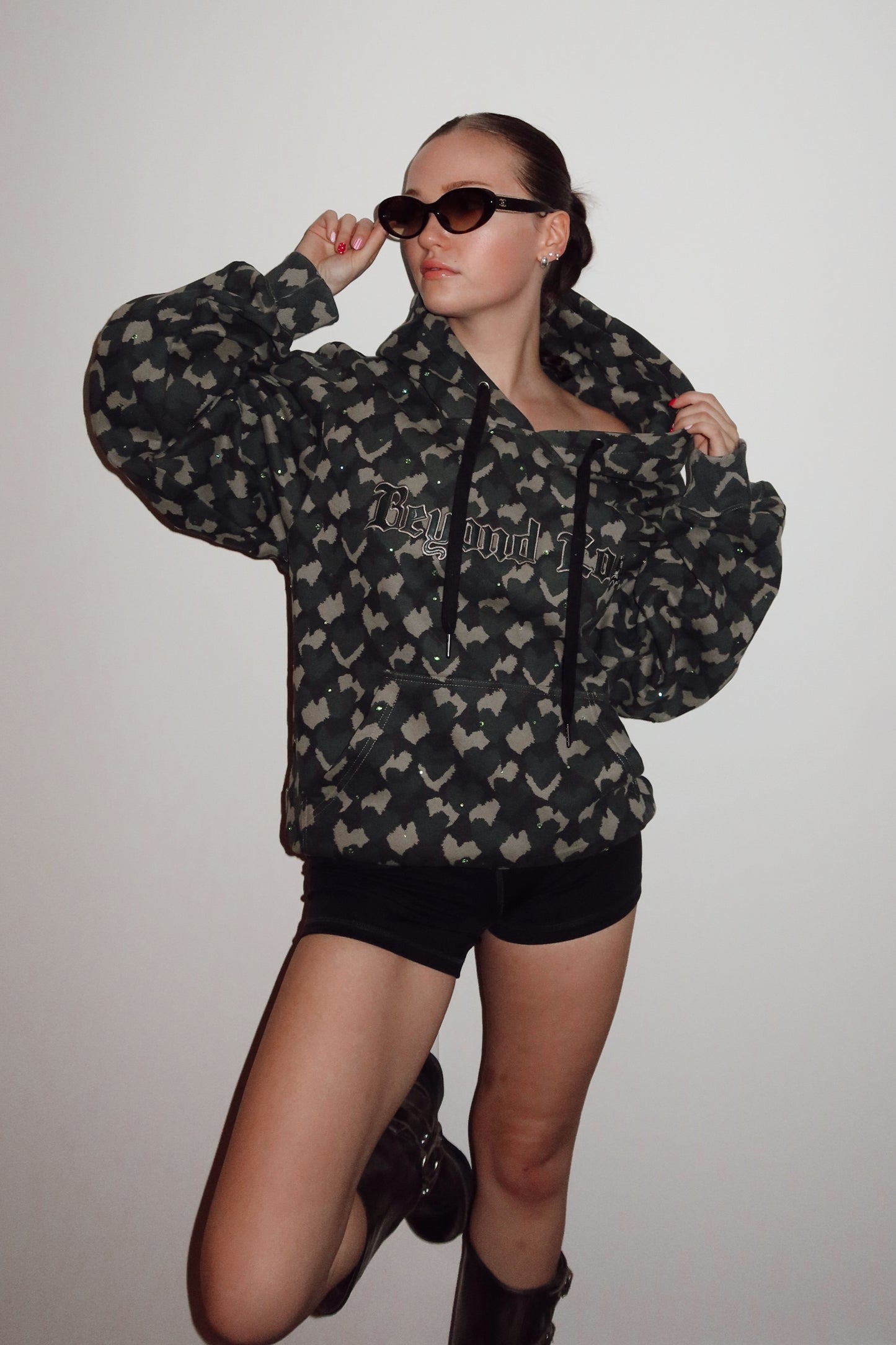 Rhinestone Heart Hoodie w/ faux leather embroidery