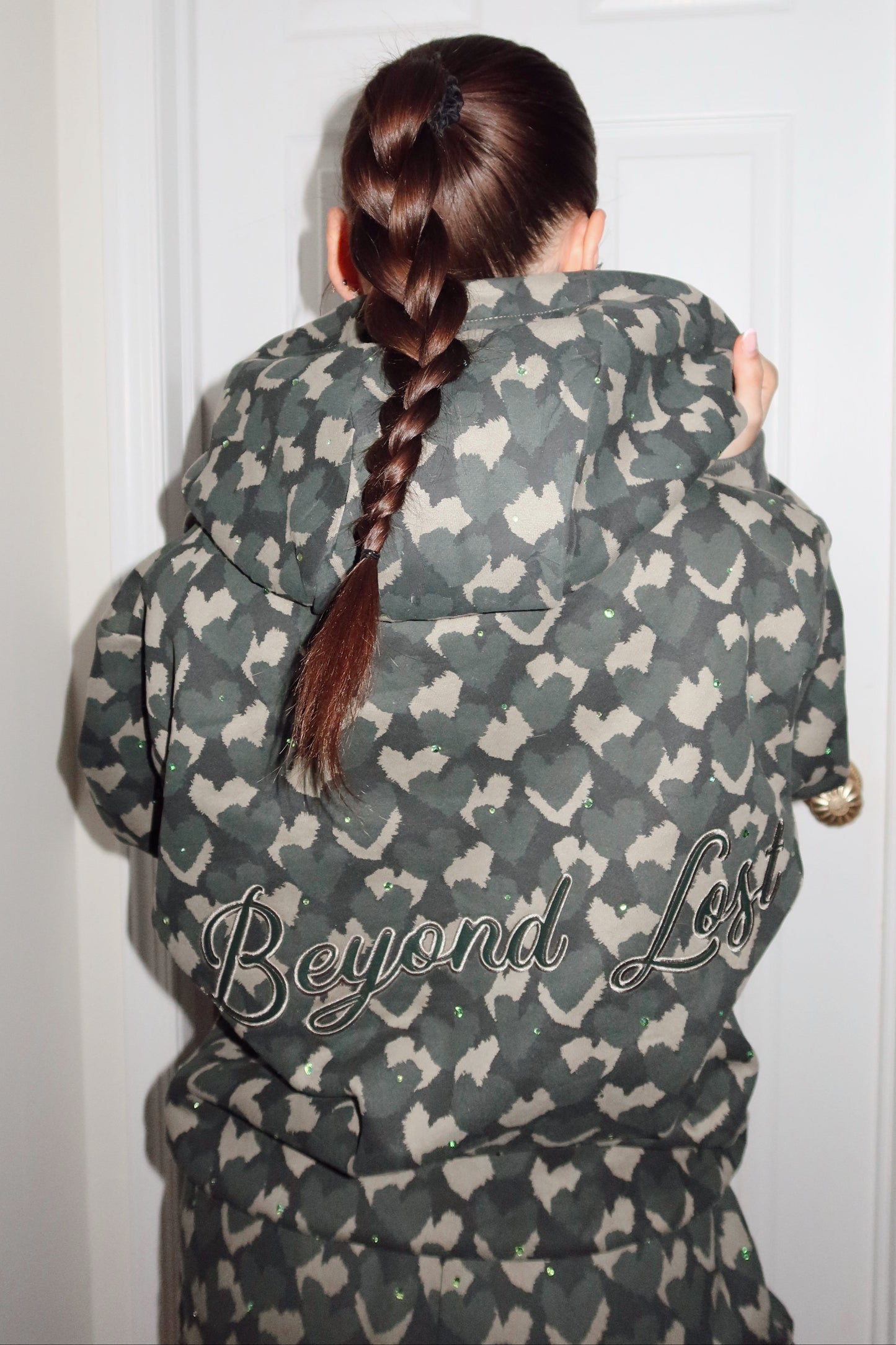 Rhinestone Heart Hoodie w/ faux leather embroidery