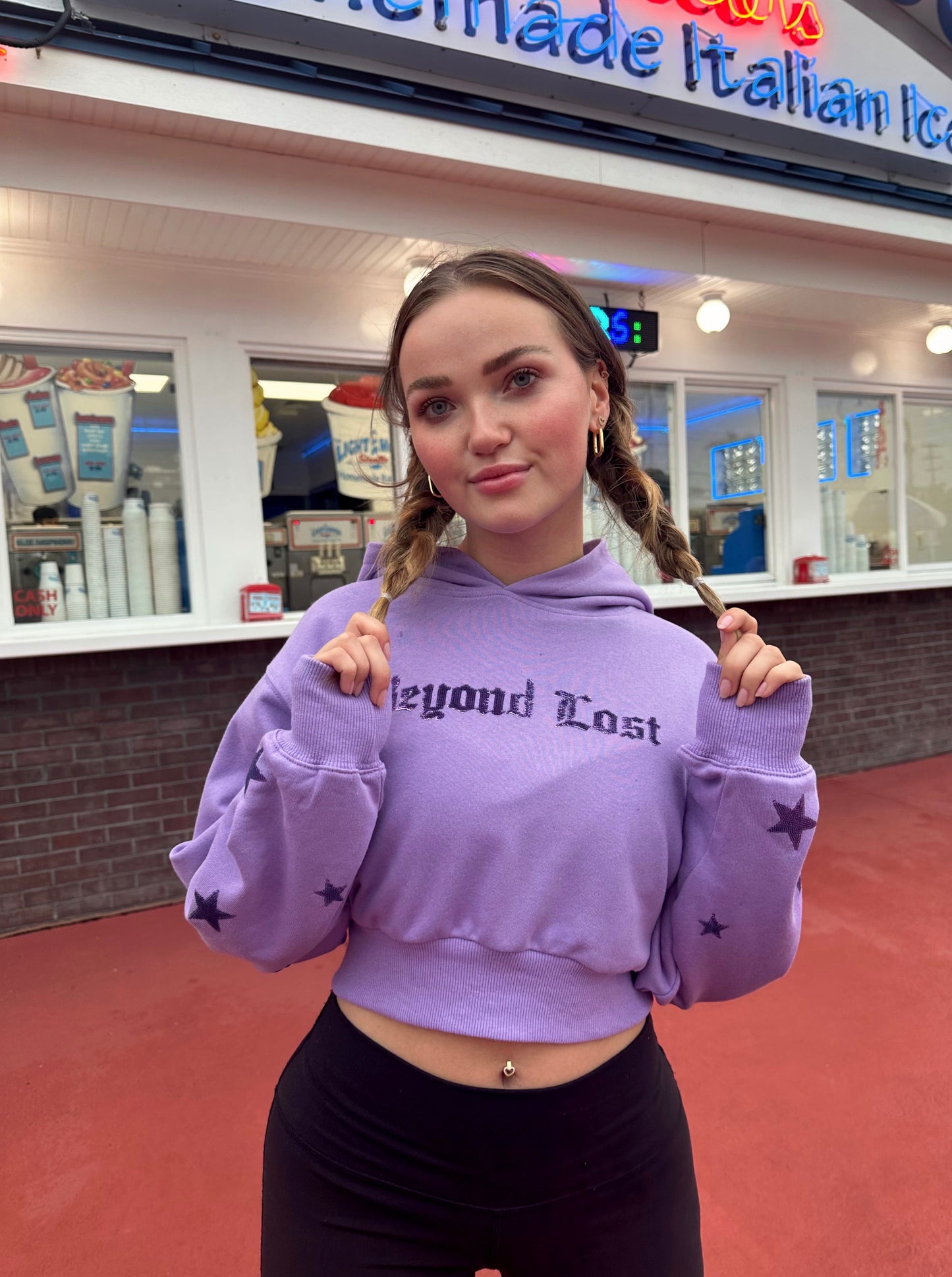 Purple with Lilac Sequins Cropped Hoodie. True to Size.