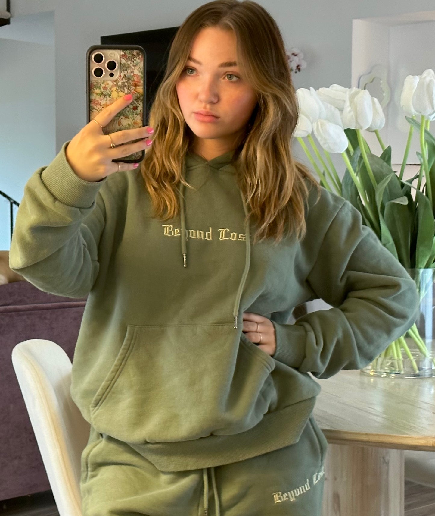 Moss Green Pullover Hoodie: Light Green Embroidery - Unisex fit