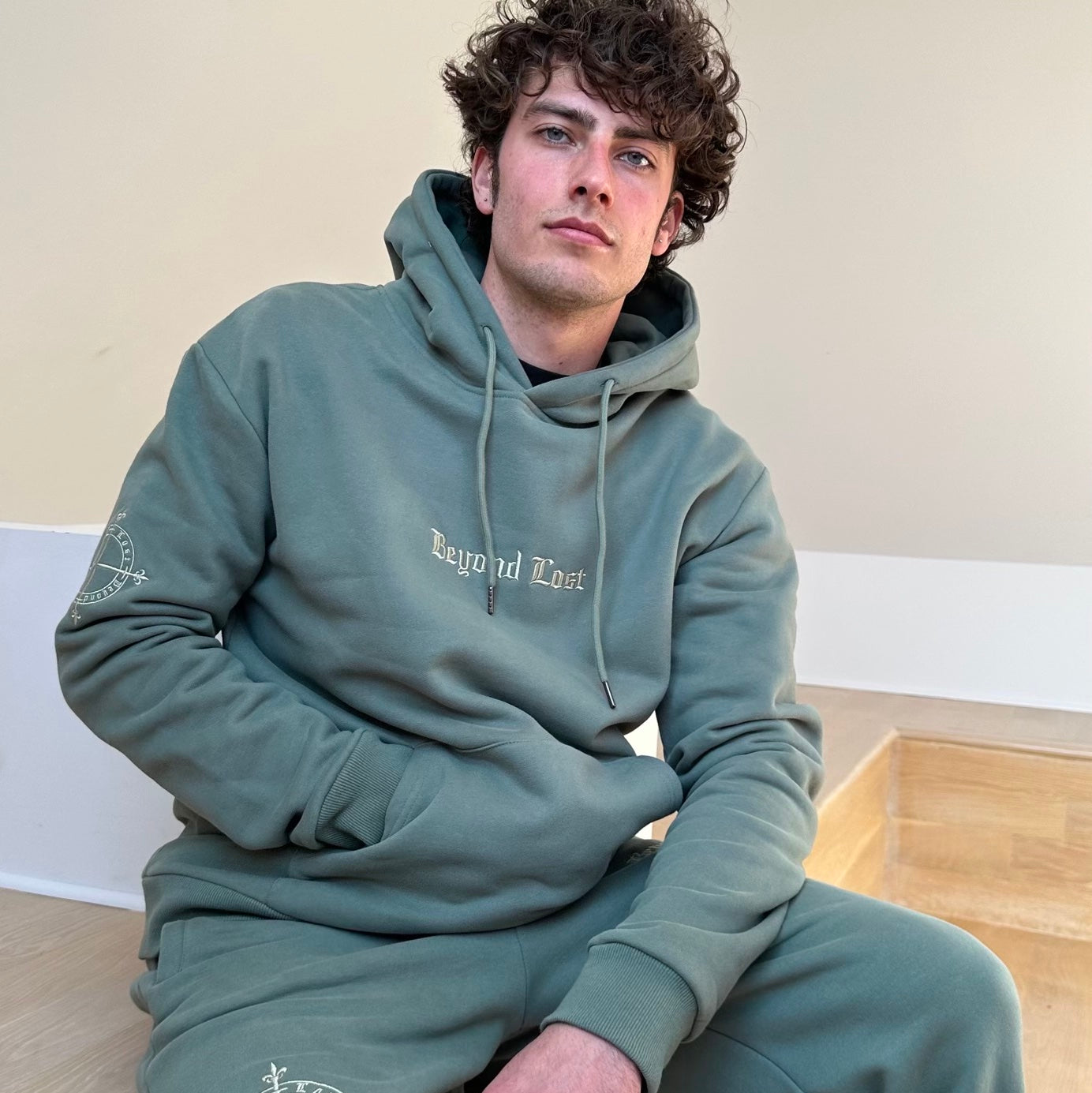 Moss Green Pullover Hoodie: Light Green Embroidery - Unisex fit