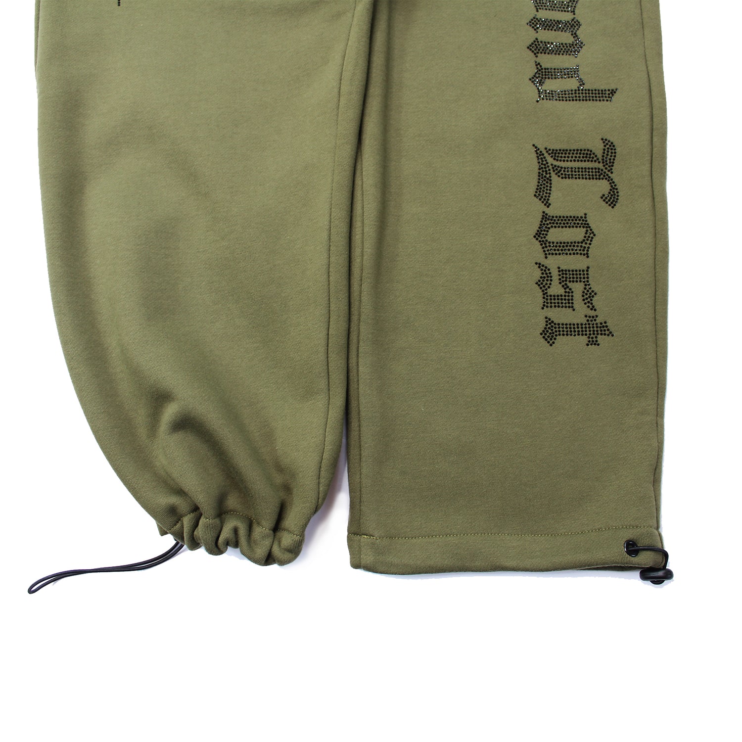 3 Zip Pockets Olive Green Rhinestone Sweatpants: Black