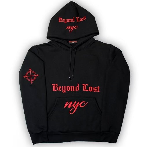 Jet Black & Red Oversized Pullover Hoodie: Red Metallic Embroidery