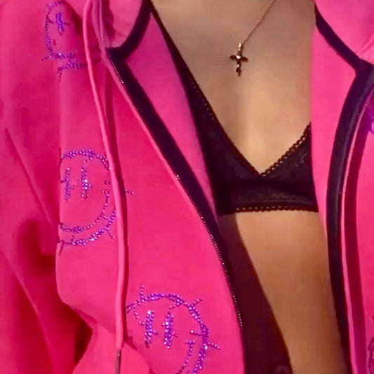 Hot Pink Rhinestone Zip Hoodie: Barbed Wire Smiley Face